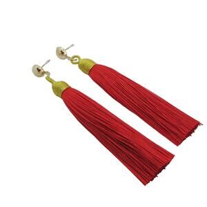 Express Gold Caged Red Roped Tassel Earrings Twee Retro Glam